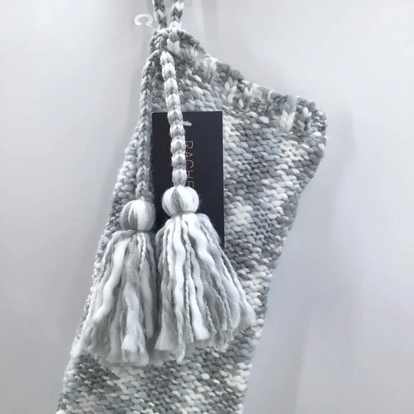NWT Rachel Zoe Knit Christmas Stocking Large Tassels Blue Cream Grey Yarn Winter - Picture 2 of 10